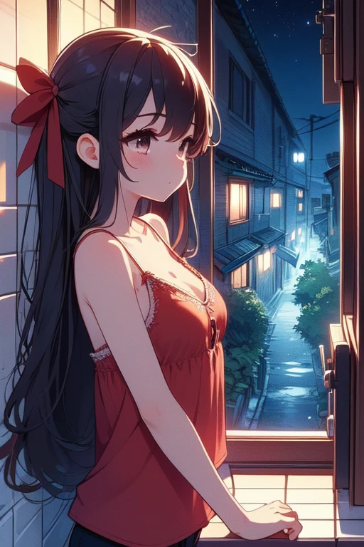 (((masterpiece))), (((best quality))), (((window views))), (((from side))), (((overlooking night alley))), ((red camisole)), white tile walls, solo, 1girl, cleavage, big tits, collarbone, longhair, ribbon, petite figure proportion, <lora:girllikewindowviews:1>
