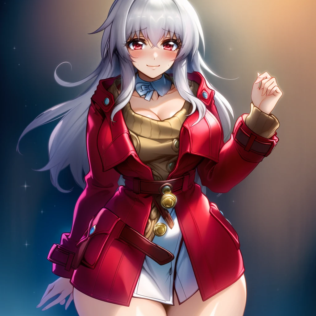 (masterpiece, best quality:1.3), TheGoldenSmurf, 1girl, solo, looking at viewer, wide hips, mature female, closed mouth, seductive smile, large breasts, cowboy shot, thick thighs, <lora:TheGoldenSmurf Style Lora:.9>, clara \(honkai: star rail\), red eyes, red coat, detached collar, sweater, white dress, barefoot, blush, shy, <lora:Char-HonkaiSR-Clara:.8>