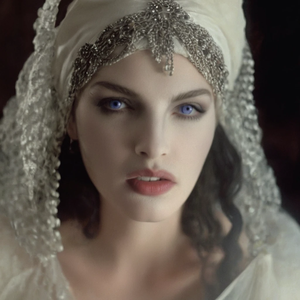 cinematic film still of <lora:brides of dracula style:1>
medium closeup, 15th-century 1897 Lucy a vampire woman with a white Victorian era collar ruffle dress and a white veil hat staring at camera with blue grey eyes and vampire fangs and white makeup Kodak Eastman EXR 50D 5245, EXR 500T 5296 Cinematic Film in a scene from the brides of dracula style, shallow depth of field, vignette, highly detailed, high budget, bokeh, cinemascope, moody, epic, gorgeous, film grain, grainy