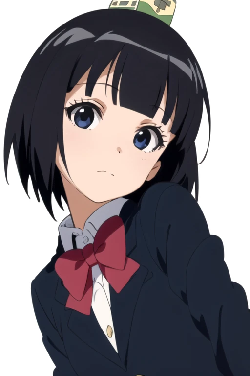 solo, 1girl, looking at viewer, sketch, flat colors, 2D, anime, anime coloring, upper body, (solid white background:1.3), <lora:hazuki-plasticnee:0.65>, hazuki okamoto, school uniform, blazer, hat, looking at viewer, closed mouth