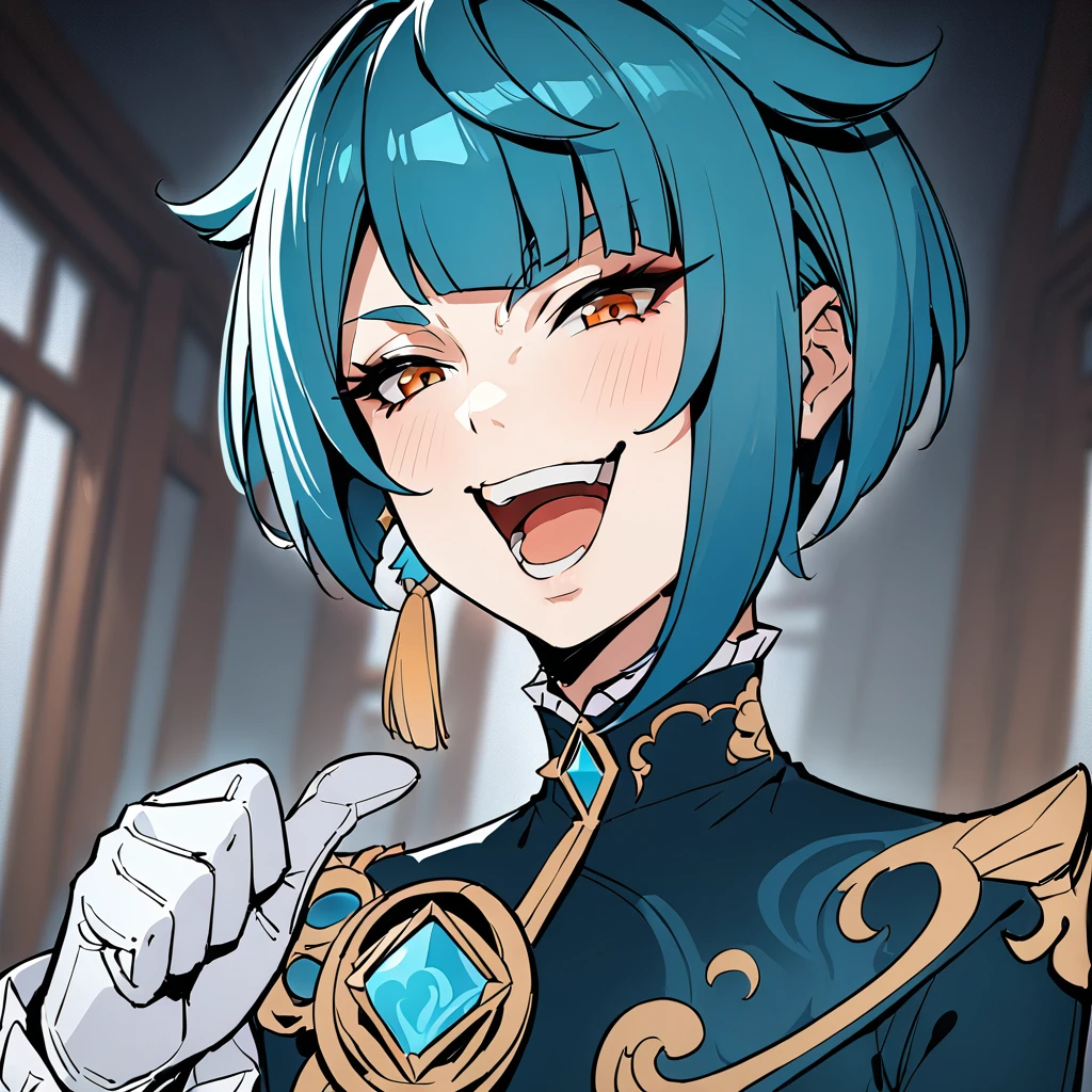 <lora:xl_kono dio da (meme) :1>,dio face,open mouth,smile,thumbs up,xingqiu \(genshin impact\),, masterpiece, best quality,