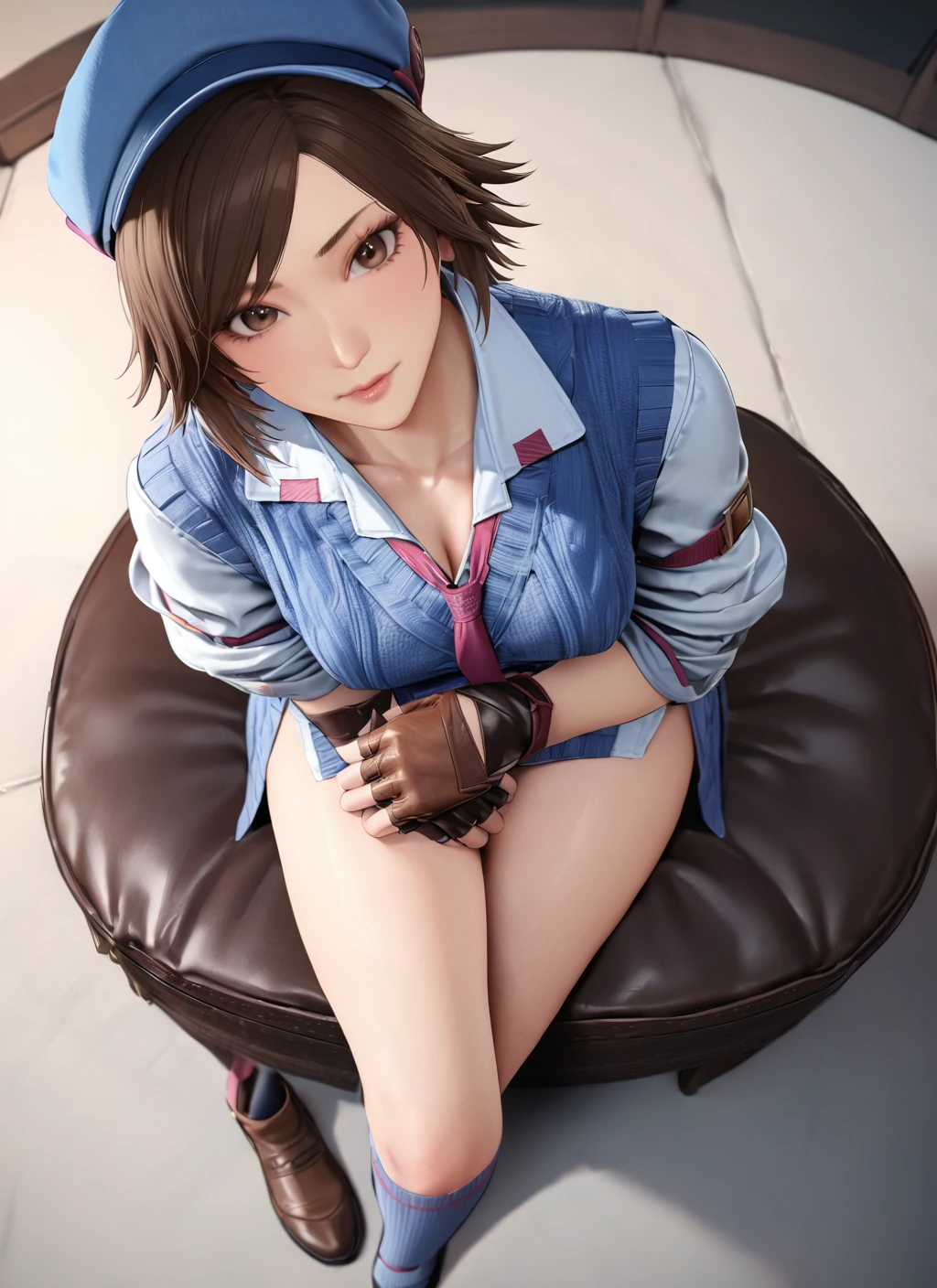 masterpiece, best quality, 1girl, asuka, brown hair, looking at viewer, hat, brown eyes, full body, fingerless gloves, socks, crossed legs, from above, <lora:asuka_tekke_xl:0.8>
