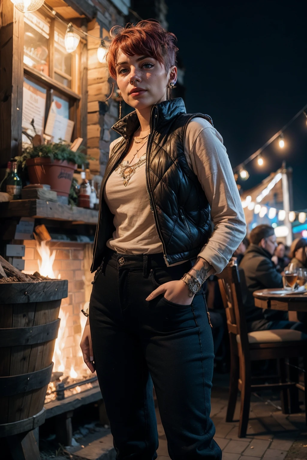 woke,a woman wearing quilted vest and skinny trousers, countryside, (candlelight:0.5) <lora:woke:0.9>