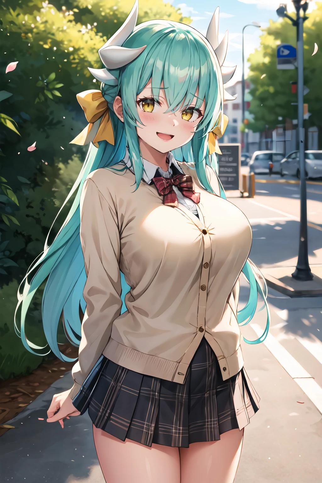 masterpiece, best quality, highres, aakiyo, long hair, aqua hair, white horns, hair bow, yellow bow, yellow eyes, <lora:kiyohime_(lancer)_v1:0.7>, cardigan, plaid skirt, arms behind back, smile, open mouth, petals, outdoors, big breasts  <lora:Kusana-style-000039:1>