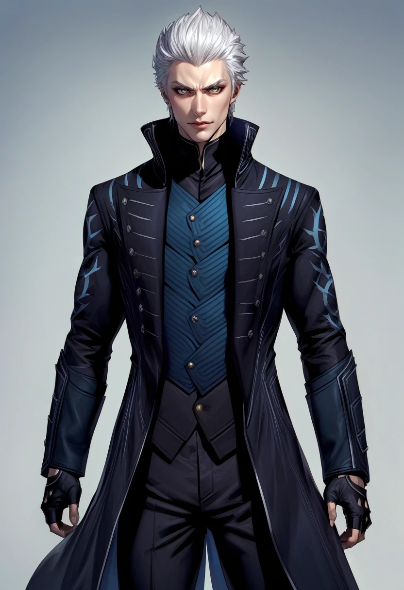 solo, male focus, 1boy, dmc5vergil, serious, looking at viewer, standing, v-shaped eyebrows, black coat, fingerless gloves, pants <lora:dmc5_vergil_xl-000004:1>