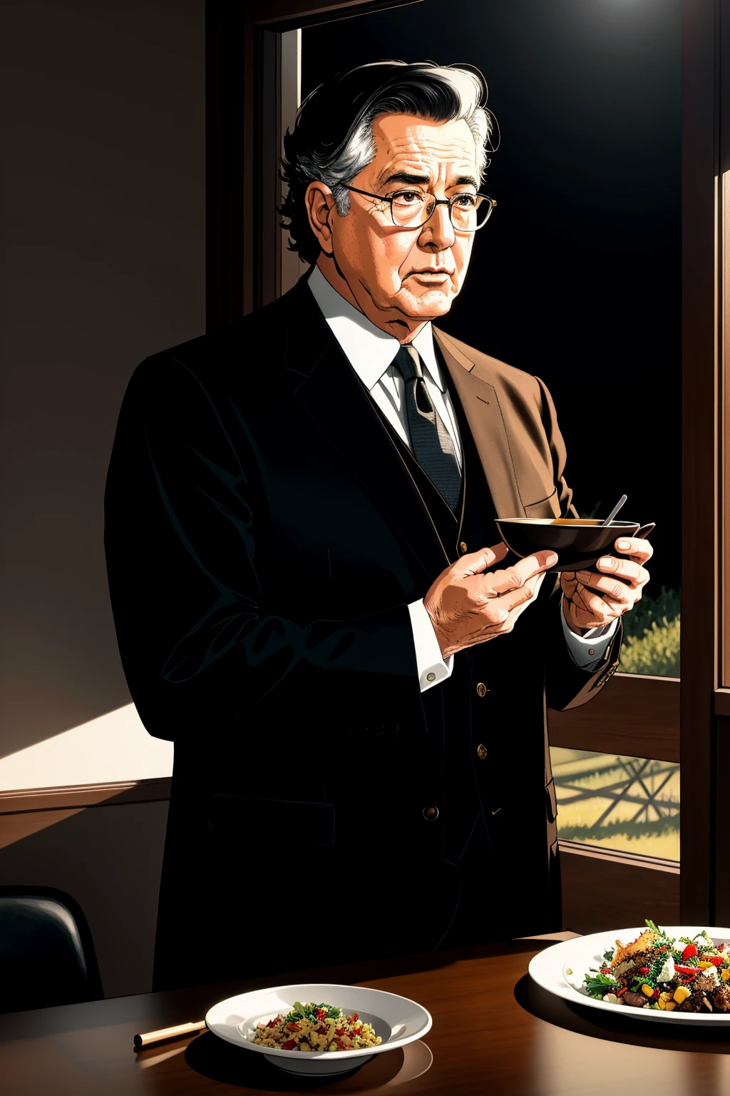 masterpiece of illustration, photorealistic highly detailed professional 8k traditional media image, best hand-drawn quality, volumetric real-time lighting and shadows, **Low-Key Lighting**: Emphasizes shadows and darker tones, often used for moody or dramatic effects, Dolly Zoom from a Distance, Male Philanthropist, Artist's Body Shape, Business Suit, Messy Comb Over, dynamic Eating a Meal, Rural Windmills, alive scene with busy people or animals in the background <lora:Animai Add-On Lite:1>
