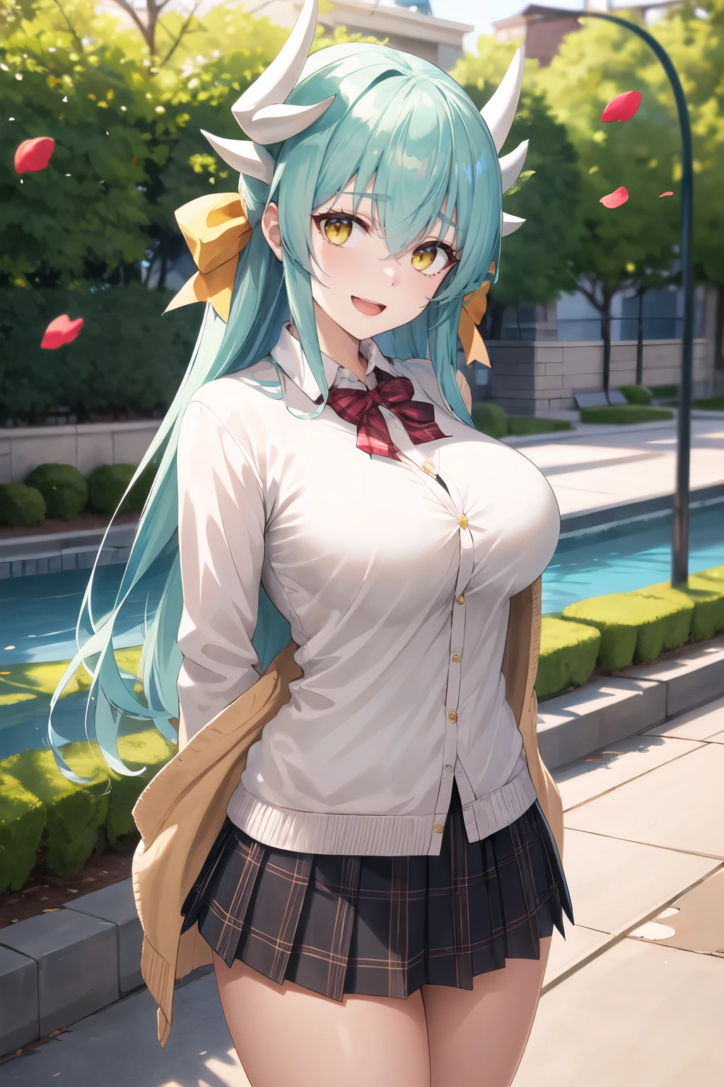 masterpiece, best quality, highres, aakiyo, long hair, aqua hair, white horns, hair bow, yellow bow, yellow eyes, <lora:kiyohime_(lancer)_v1:0.7>, cardigan, plaid skirt, arms behind back, smile, open mouth, petals, outdoors, big breasts <lora:niliu-chahui-style-v1_450768:1>