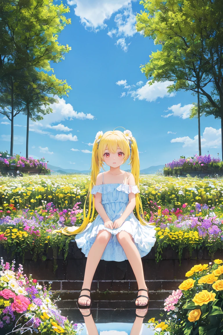 best quality, masterpiece, illustration, (reflection light), incredibly absurdres, (( Poster), (signature:1.3), (English text), 1girl, girl middle of flower, pure sky,yellow hair, red eyes, twintails,clear sky, outside, collarbone, sitting, absurdly long hair, clear boundaries of the cloth, white dress, fantastic scenery, ground of flowers, thousand of flowers, colorful flowers, flowers around her, various flowers,bare shoulders,skirt, sandals,