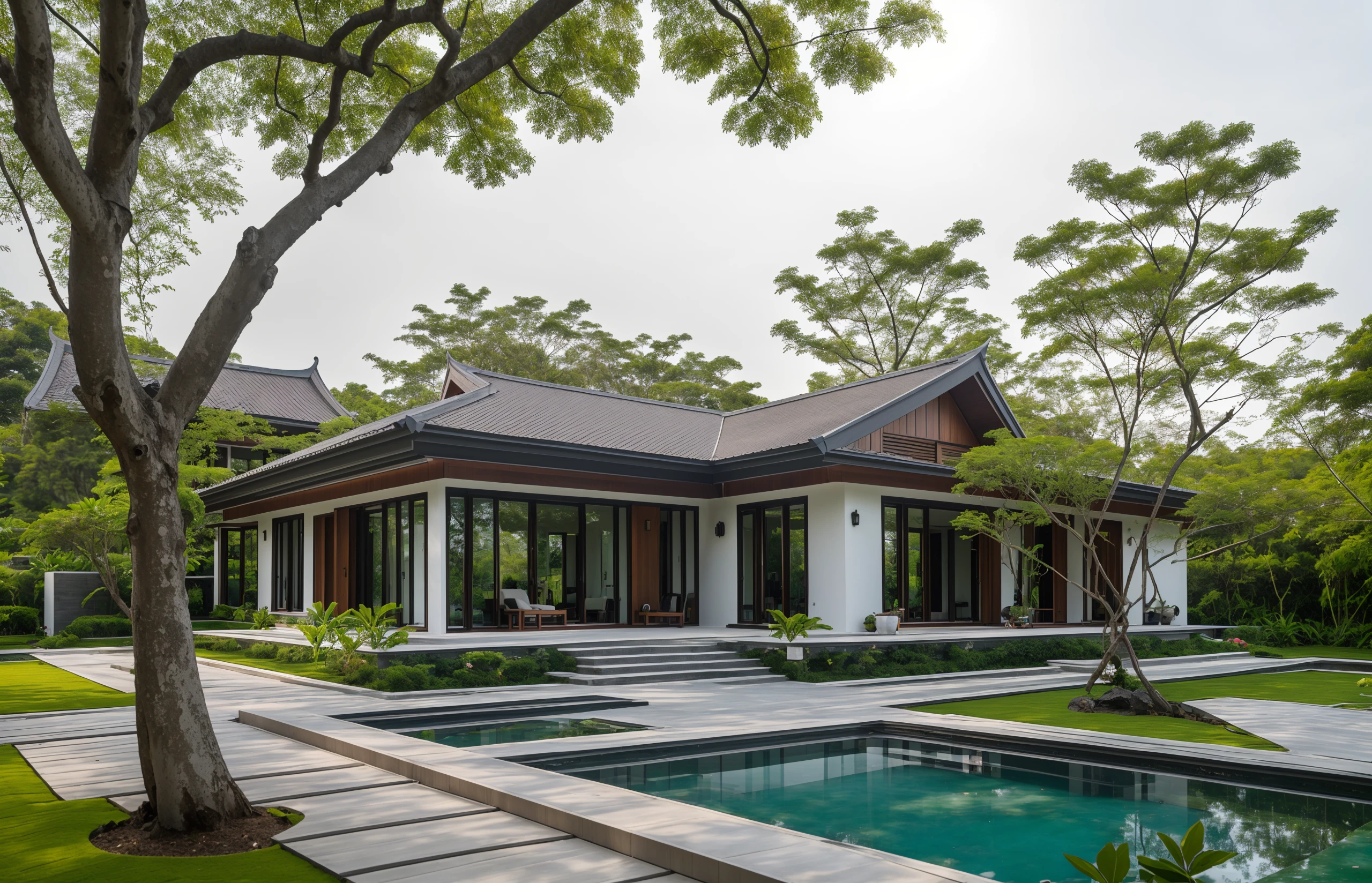 Picture a modern countryside villa exterior in Vietnam, featuring a sloped roof, ((stone)), traditional Vietnamese elements, a spacious courtyard with expansive green lawns, and tropical trees, surrounded by a lively morning atmosphere filled with genuine sunlight, Photography, use a wide-angle lens on a professional-grade camera to capture the authenticity of the scene,
RAW photo, (high detailed skin:1.2), 8k UHD, DSLR, soft lighting, high quality, film grain, Fujifilm XT3 <lora:epi_noiseoffset2:0.3> <lora:add detail:0.3>
 <lora:3ArchiAI_countryvilla:0.32> A traditional Vietnamese single-story villa exterior, sloping roof, black roofing, white walls adorned with wood and stone accents, serene design, masterpiece, best quality