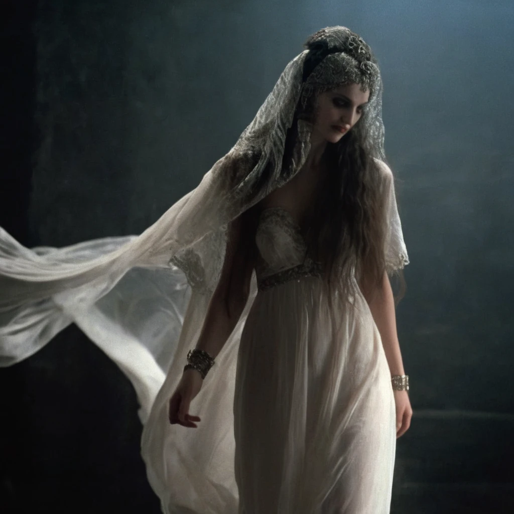 cinematic film still of <lora:brides of dracula style:1>
full shot, wide shot, 15th-century 1897 a vampire woman in a white dress and a veil posing for a picture in a dark studio room with dark blue grey background Kodak Eastman EXR 50D 5245, EXR 500T 5296 Cinematic Film in a scene from the brides of dracula style, shallow depth of field, vignette, highly detailed, high budget, bokeh, cinemascope, moody, epic, gorgeous, film grain, grainy
