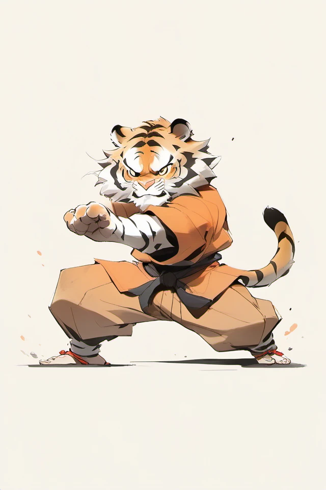 Tiger, furry, solo, looking at viewer, simple background, white background, animal ears, standing, tail, japanese clothes, pants, sandals, fighting stance, furry male, whiskers, orange fur, full body, dougi