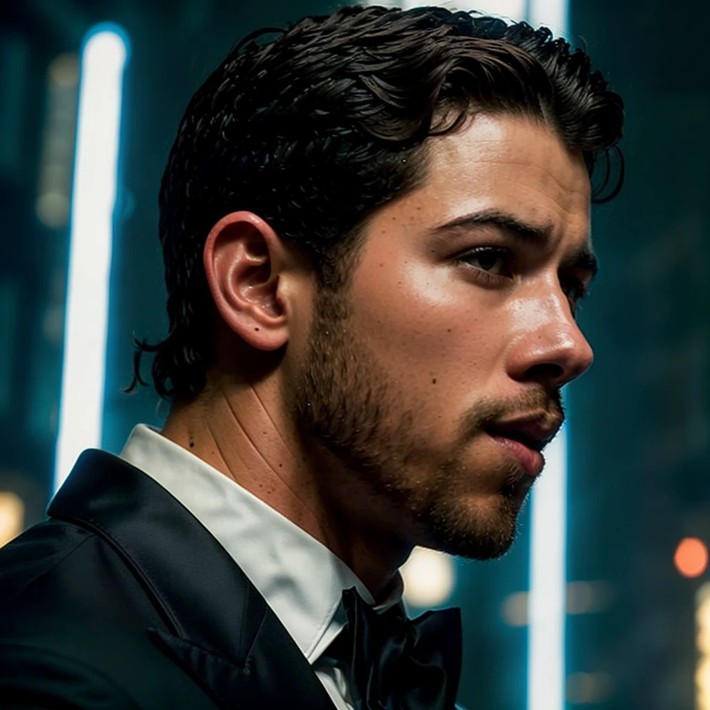 face portrait of nickjonas person using a tuxedo, in blade runner, professional photography, high resolution, 4k, detailed photo, <lora:nickjonas_40500:1>