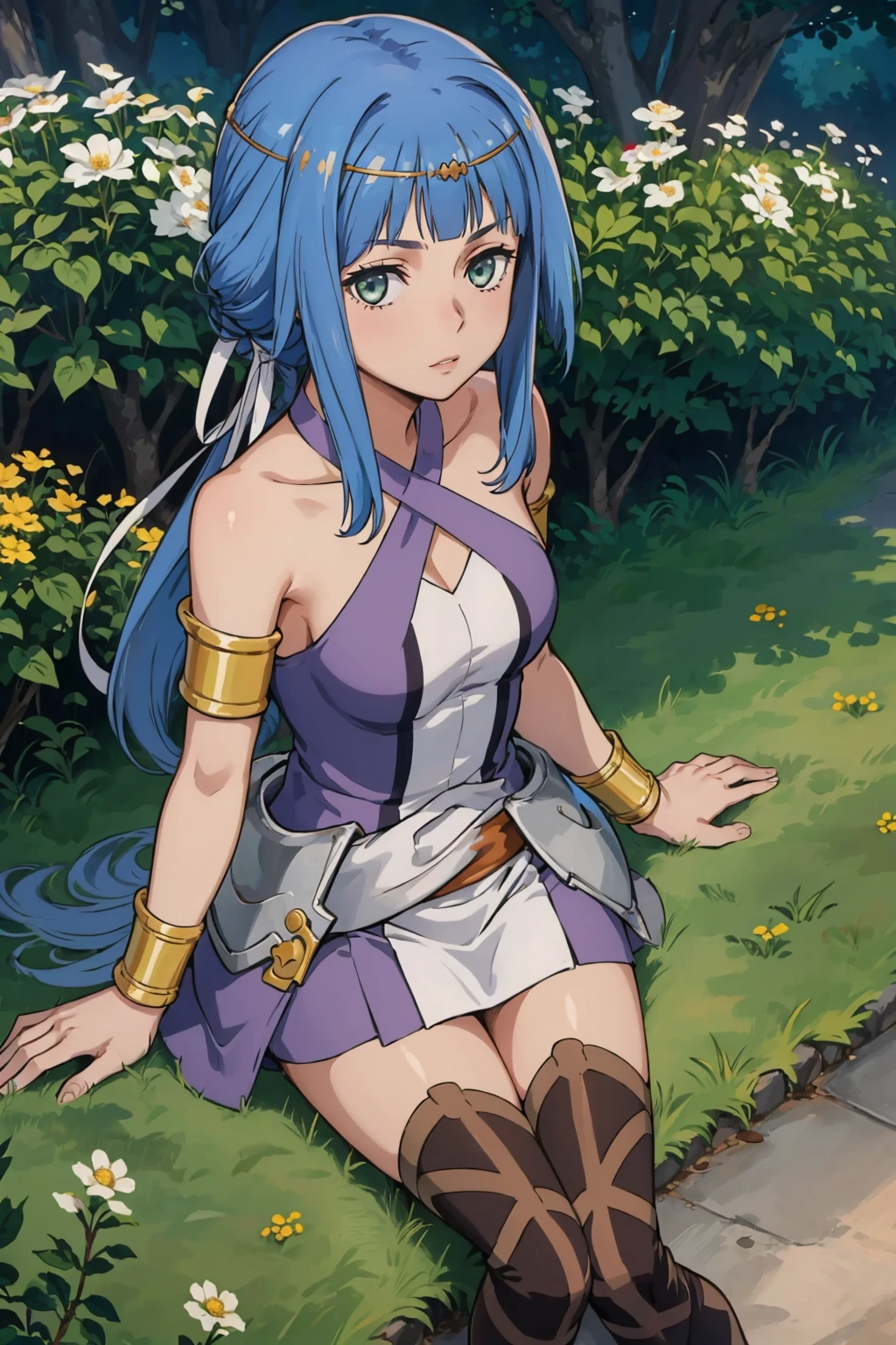masterpiece, best quality,  <lora:danartemis-nvwls-v1-000010:0.9> danArtemis, long hair, low ponytail, hair ribbon, circlet, halterneck, criss-cross halter, white and purple dress, armlet, white skirt, thigh boots, sitting, from above, on ground, flowers, tree, looking at viewer