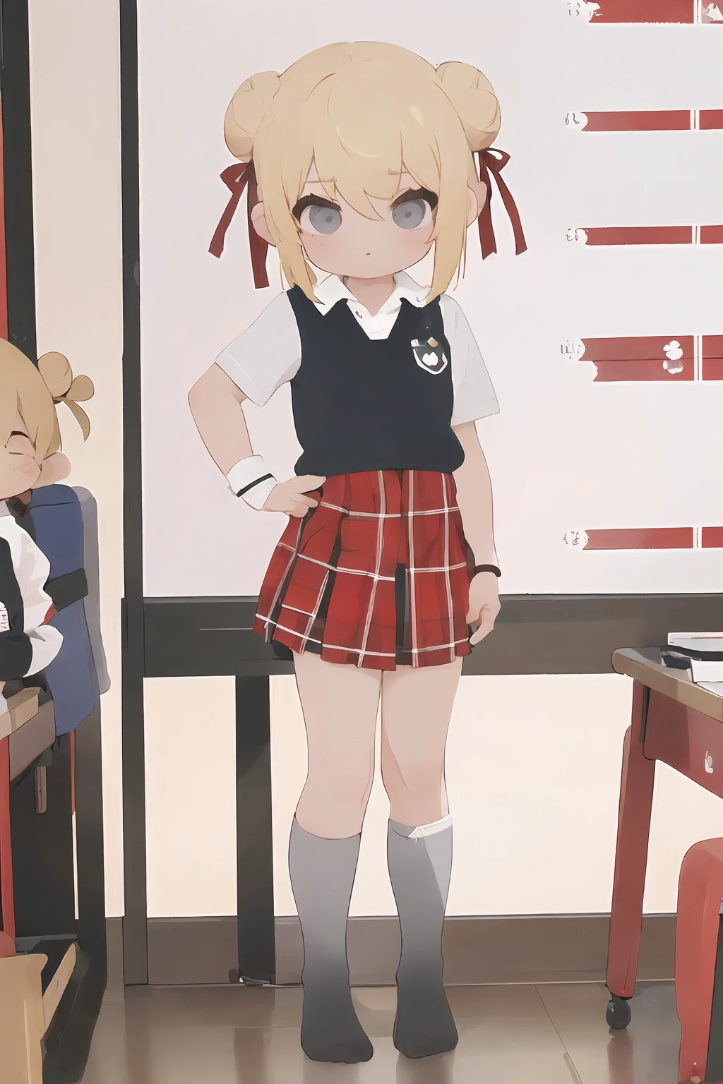 (masterpiece, best quality), 1girl, asian skin tone, 18 y.o, bun blonde hair, <lora:catholic_schoolgirl_uniform_6000_lora_f32:1> catholicschoolgirl, grey polo shirt, red plaid skirt, knee socks (full body:1.3), classroom