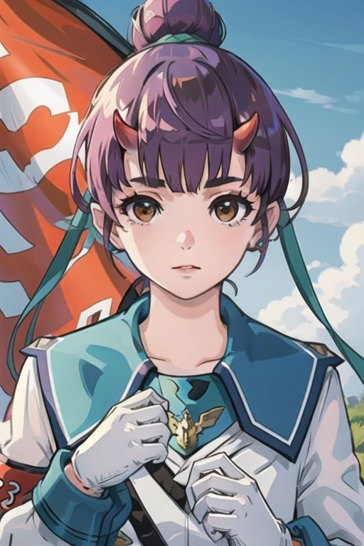 <lora:Fiona_xenoblade_3:0.8> Fiona \(xenoblade\), 1girl, bangs, brown_eyes, eyebrows_visible_through_hair, purple hair, red horns, oni horns, hair bun, blue hair ribbon, jacket, sailor uniform, white gloves, long_sleeves, armband, mitsudomoe(shape), waving flag,, best quality, highly detailed, masterpiece, ( bad_prompt_version2:0.6), best quality, highres, 4k, ultra-detailed, beautiful detailed face, beautiful detailed eyes