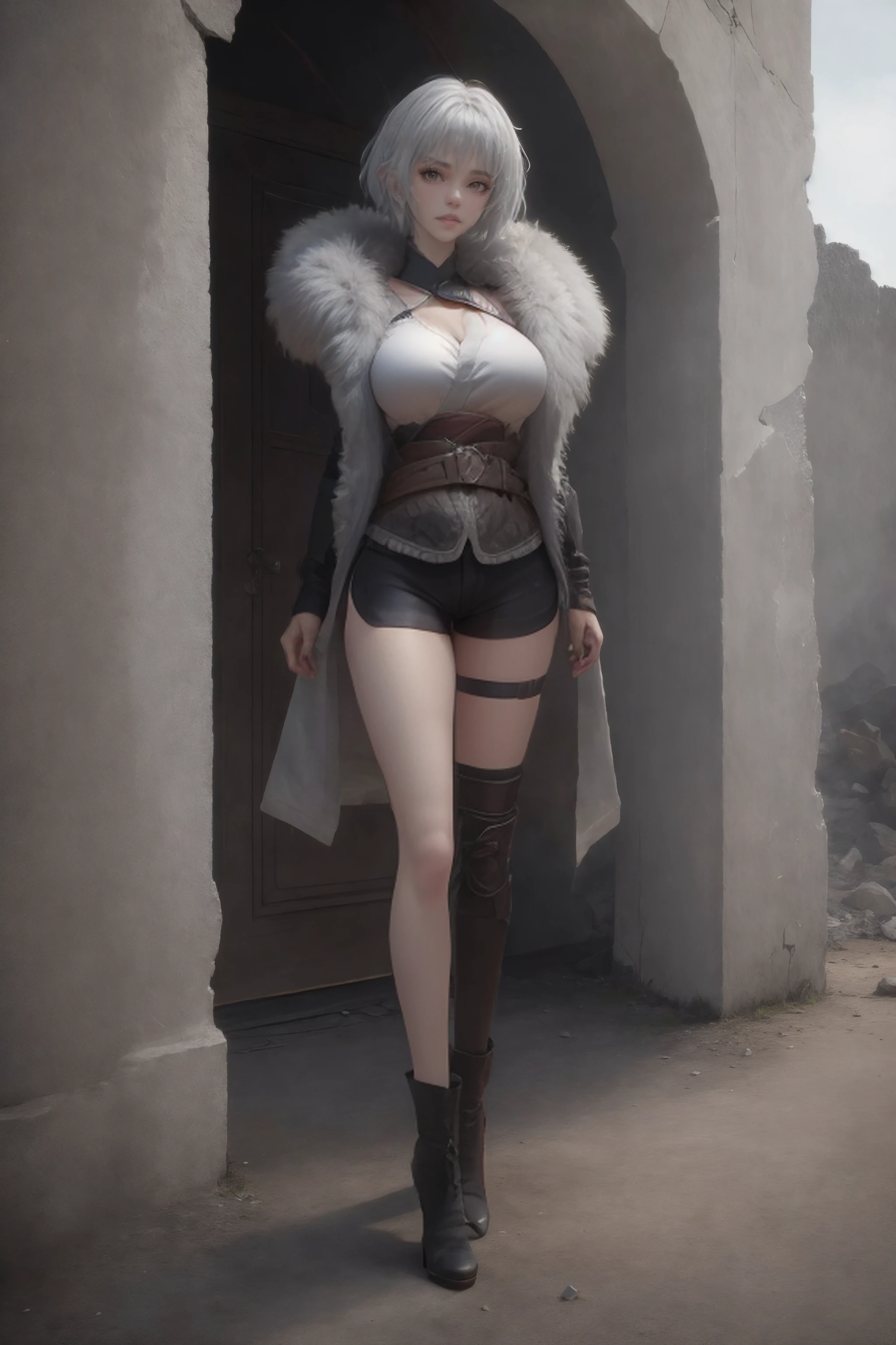 baiyuekui,solo,full body,gray fur cape,single thighhigh,asymmetrical legwear,black shorts,boots,black footwear,belt,high heels,thigh strap,
outdoors,War ruins,
narrow waist,wide hips,large breasts,white hair,short hair,
(photorealistic:1.4),(masterpiece,best quality,ultra_detailed,highres,absurdres:1.2),
<lora:neg4all_bdsqlsz_V3.5:1>,<lora:baiyuekui_SD15_V3:0.7>,