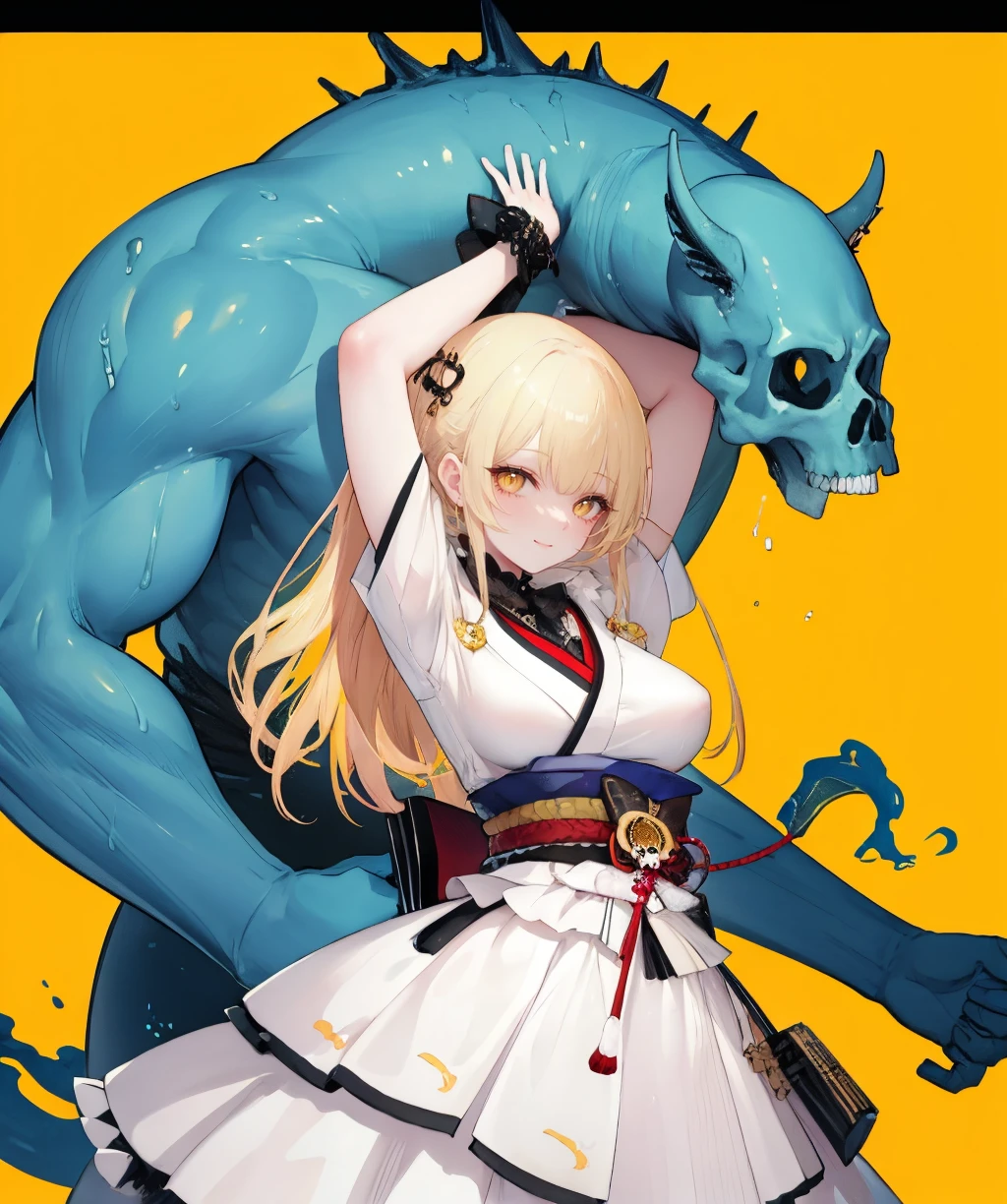 yellow theme ,1girl, solo, blonde hair, dress, arms up, size difference, monster, japanese armor, skull, <lora:gardian_or_stand-08:0.8>