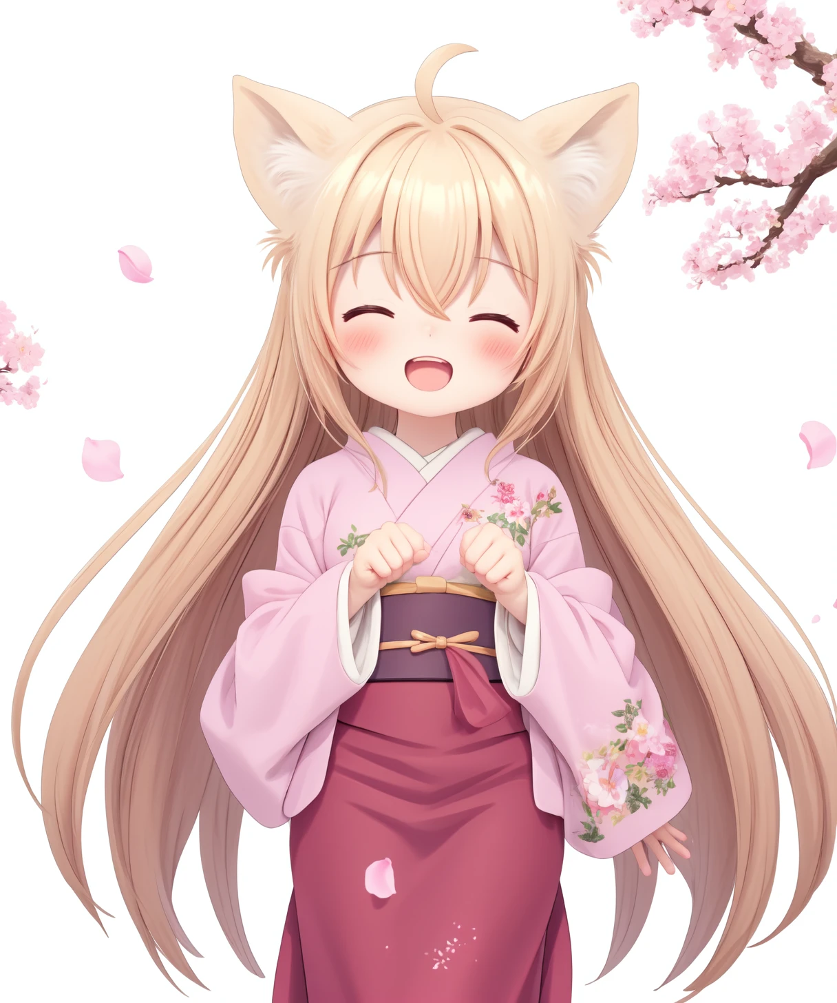 <lora:yuzu (konohara kitan):1> yuzu \(konohana kitan\),  1girl, solo, long hair, hair between eyes, ahoge, closed eyes, upper teeth only, blush, open mouth, :d, holding, facing viewer, white background, petals, long sleeves, wide sleeves, obi, pink kimono, hakama skirt