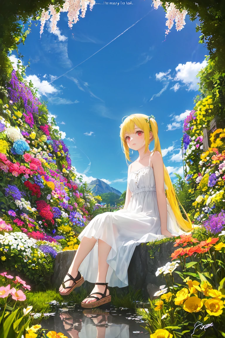 best quality, masterpiece, illustration, (reflection light), incredibly absurdres, (( Poster), (signature:1.3), (English text), 1girl, girl middle of flower, pure sky,yellow hair, red eyes, twintails,clear sky, outside, collarbone, sitting, absurdly long hair, clear boundaries of the cloth, white dress, fantastic scenery, ground of flowers, thousand of flowers, colorful flowers, flowers around her, various flowers,bare shoulders,skirt, sandals,