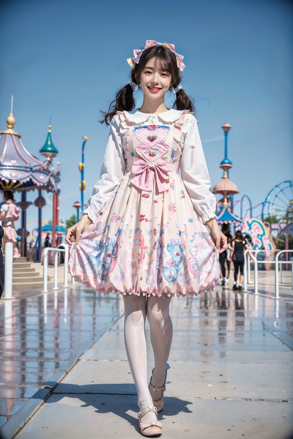 best quality, masterpiece, realistic, photorealistic, 1girl, solo, looking at viewer, smile, full body, standing, low twintails, hair bow, hair hair ornament, hair ribbon, bangs, (in amusement park:1.6), cyb dress, white shirt, pinafore dress, print dress, white pantyhose, shoes, <lora:sweet_attire_style3_v1:0.7>
