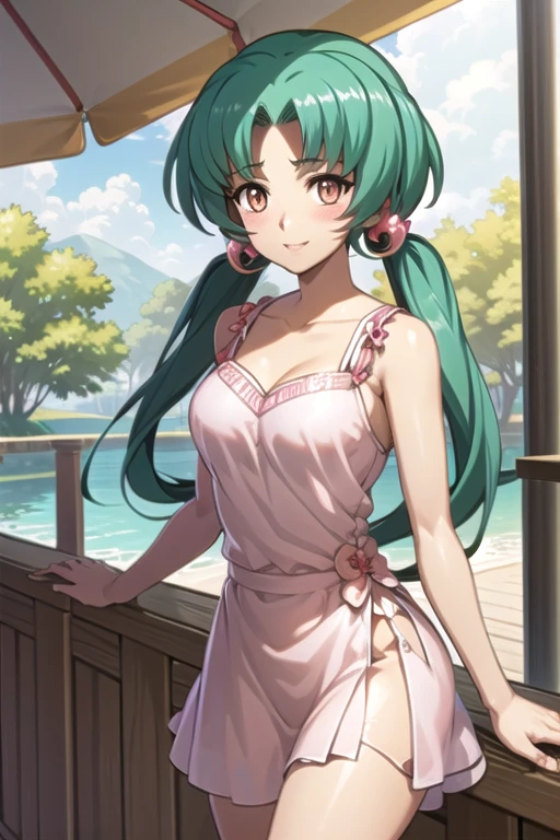 Une femme, 25 ans, UHD, HD, 8k, 4k, masterpiece, mangas, cheveux longs, cheveux multicolores, details, mince, Dragon Ball Bulma cosplay, Summer dress with flowers, capsule corp