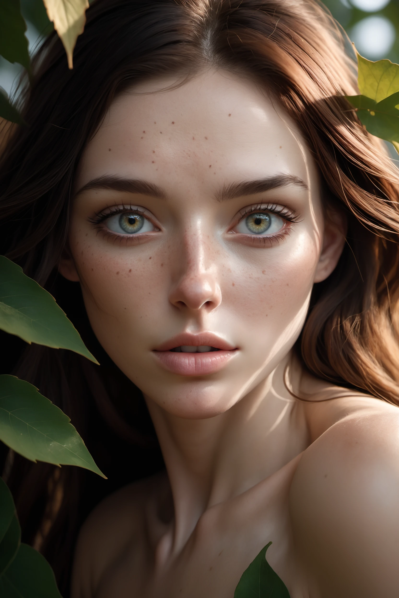 a unique breathtaking and beautiful woman, , , , , , flawless texture delicate and refined, smooth hair elegantly draped around her neck, subtle freckles on her nose, fullness of her lips,, , , covered with leafs,, , , face close-up, stunning detail, hyper detailed eyes, detailed skin, captured in masterful composition, lighting accentuate her natural beauty, gentle shadows and highlights,, high resolution, best quality, 4k, full body portrait, amazing details, striking eyes, perfect face, NSFW, erotic, perfect body, sexy, 20-years-old