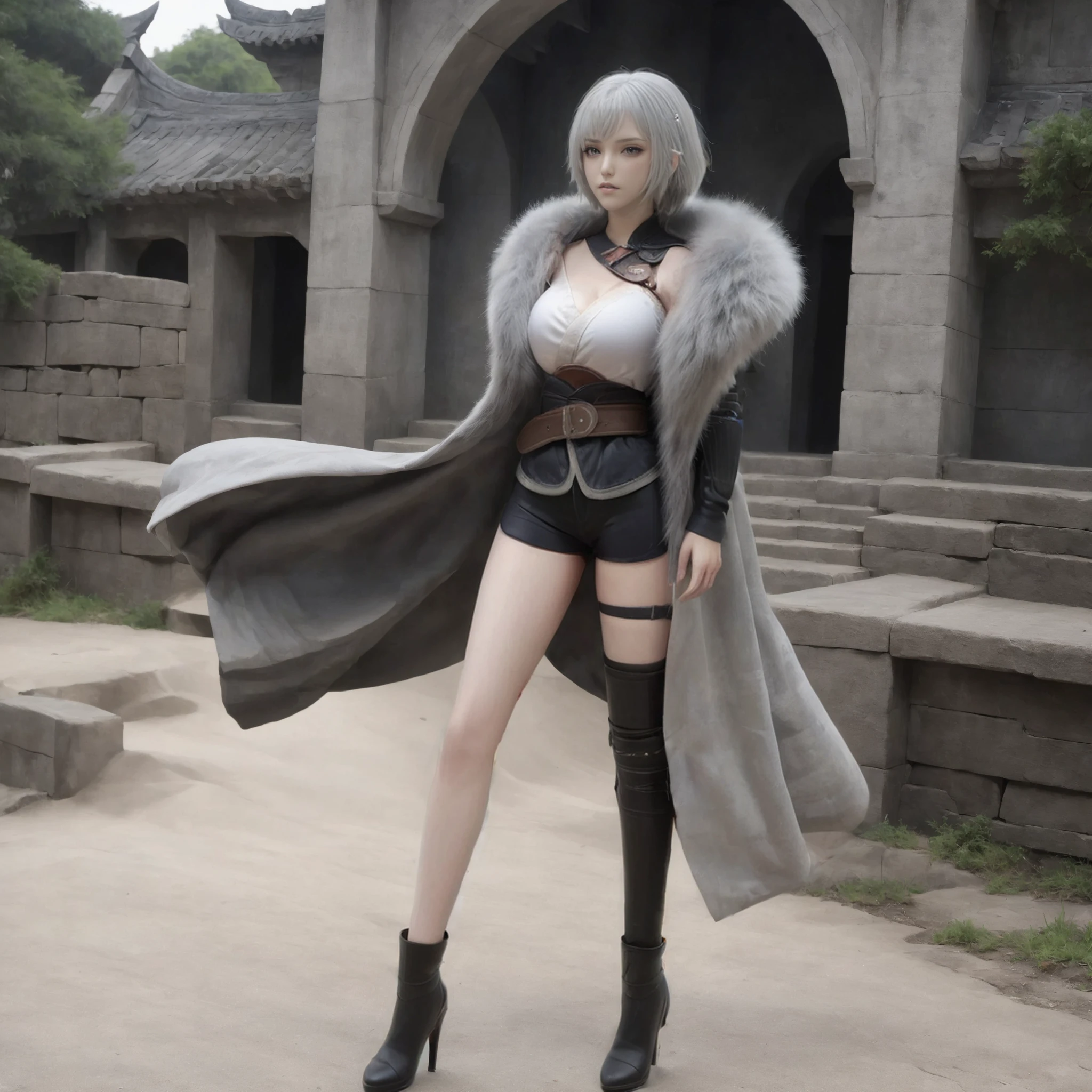 baiyuekui,solo,full body,outdoors,ruins,gray fur cape,single thighhigh,asymmetrical legwear,black shorts,boots,black footwear,belt,high heels,thigh strap,
narrow waist,wide hips,large breasts,white hair,short hair,
best quality,ultra-detailed,masterpiece,finely detail,highres,(photorealistic:1.4),
<lora:neg4all_bdsqlsz_xl_V7:1.4>,<lora:baiyuekui_V5:0.7>,