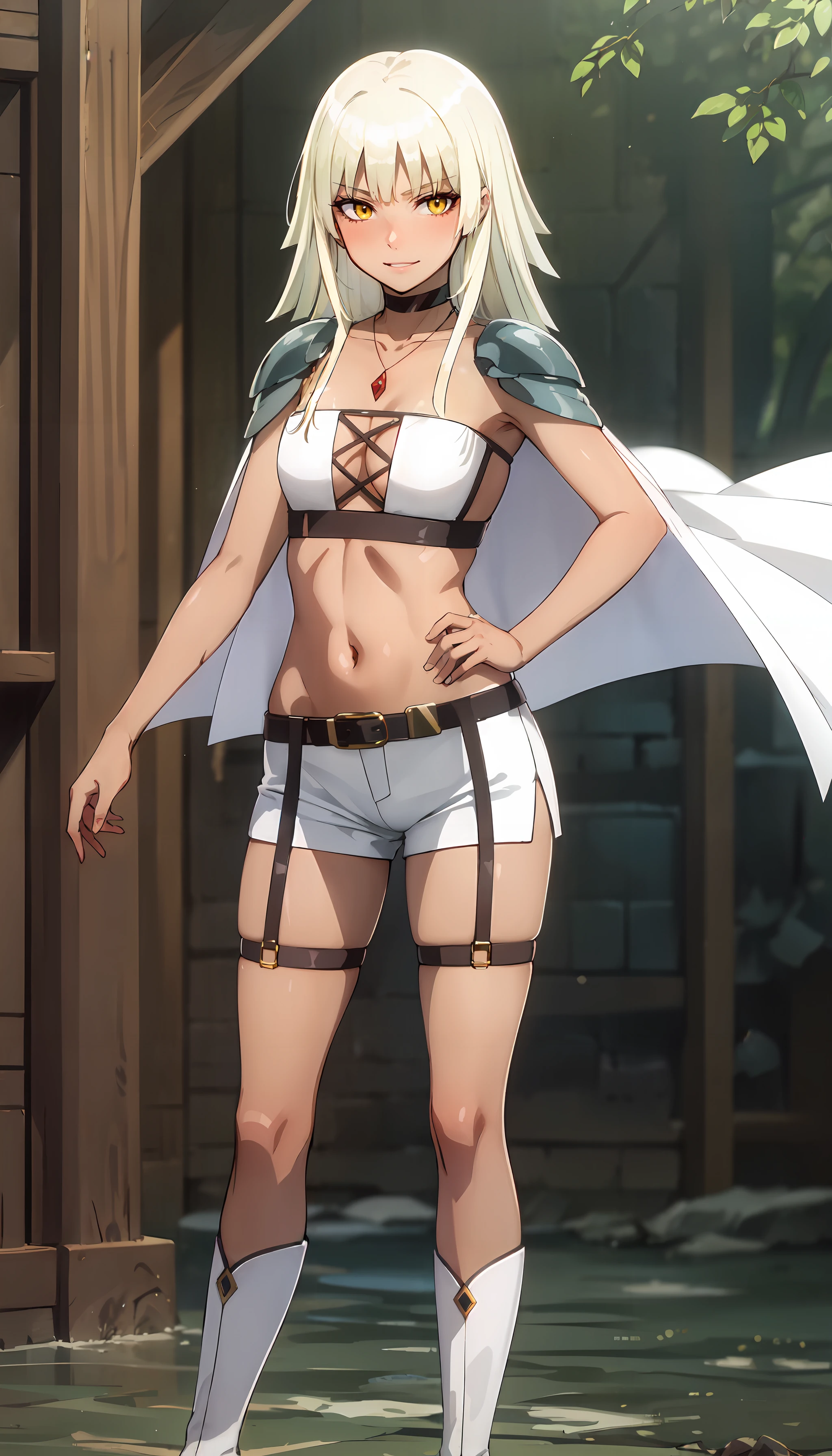 photorealistic, (4k), depth of field, (Masterpiece), (realistic skin texture), extremely detailed, intricate, hyper detailed, professional photography, bokeh, high resolution, sharp detail, best quality, woman, tanned skin, long hair, blonde hair, yellow eyes, white top, white shorts, white cape, white boots, shoulder pads, choker, necklace, black belt, leather leg harness, leather straps, leather garter, petite, solo, <lora:GoodHands-beta2:0.8> , <lora:detail_slider_v4:0.8> , playing with her hair, dynamic pose, <lora:Navarre Polar-000004:0.8>