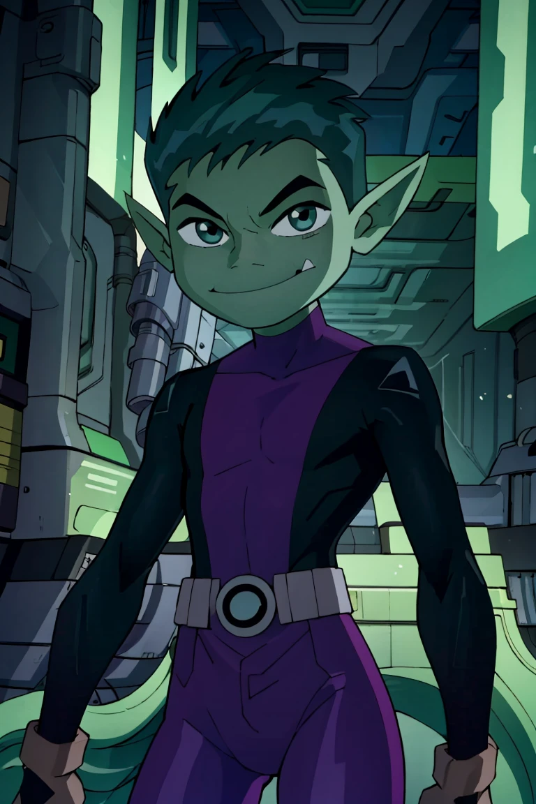((masterpiece,best quality)), absurdres, <lora:BeastBoy_TeenTitans:0.8>, BeastBoy_TeenTitans, 1boy, solo, green eyes, green hair, green skin, colored skin, pointy ears, purple bodysuit, solo, smiling, looking at viewer, cowboy shot,
