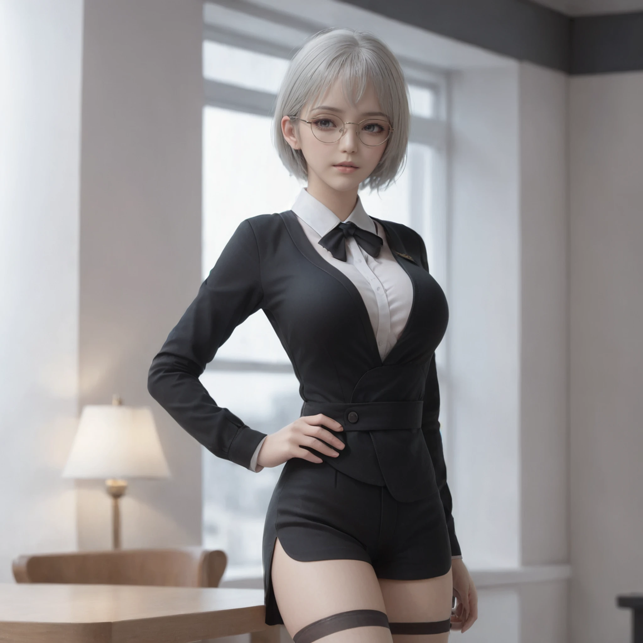 baiyuekui,solo,round glasses,full body,indoors,sexy pose,looking at viewer,high heels,office lady,black uniform,office uniform for women,thighhighs,bowknot,
narrow waist,wide hips,large breasts,white hair,short hair,long legs,thighs,
best quality,ultra-detailed,masterpiece,finely detail,highres,(photorealistic:1.4),
<lora:neg4all_bdsqlsz_xl_V7:1.4>,<lora:baiyuekui_V5:0.65>,