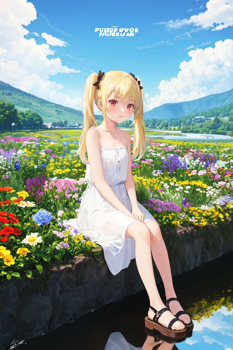 best quality, masterpiece, illustration, (reflection light), incredibly absurdres, (( Poster), (signature:1.3), (English text), 1girl, girl middle of flower, pure sky,yellow hair, red eyes, twintails,clear sky, outside, collarbone, sitting, absurdly long hair, clear boundaries of the cloth, white dress, fantastic scenery, ground of flowers, thousand of flowers, colorful flowers, flowers around her, various flowers,bare shoulders,skirt, sandals,
