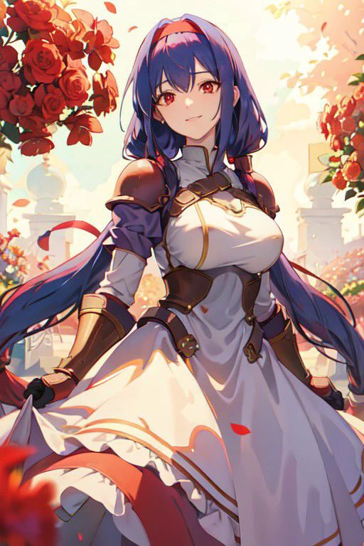 red hairband, armored dress, red eyes, blue hair, bangs, sidelocks,very long hair, twintails masterpiece, best quality,  garden, bokeh, sunny beautiful, elegant, flowers, lady, looking at viewer,  best illumination, best shadows, light smile, tall, woman, cowboy shot
