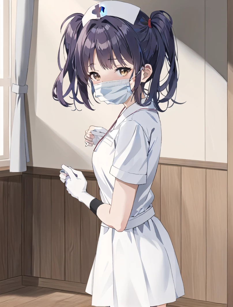 ((masterpiece, best quality, high quality)),1girl, (lower body, hospital), <lora:Old_nurse_3dg:0.5> (nurse_uniform_big, mask, nurse cap, mouth mask, nurse, surgical mask, elbow gloves), <lora:Akiko Satou:0.7> (akiko satou, 3dcg 01, 1girl, solo, twintails, brown eyes, medium breasts, medium hair, mole under eye, dark blue hair, double side ponytail)