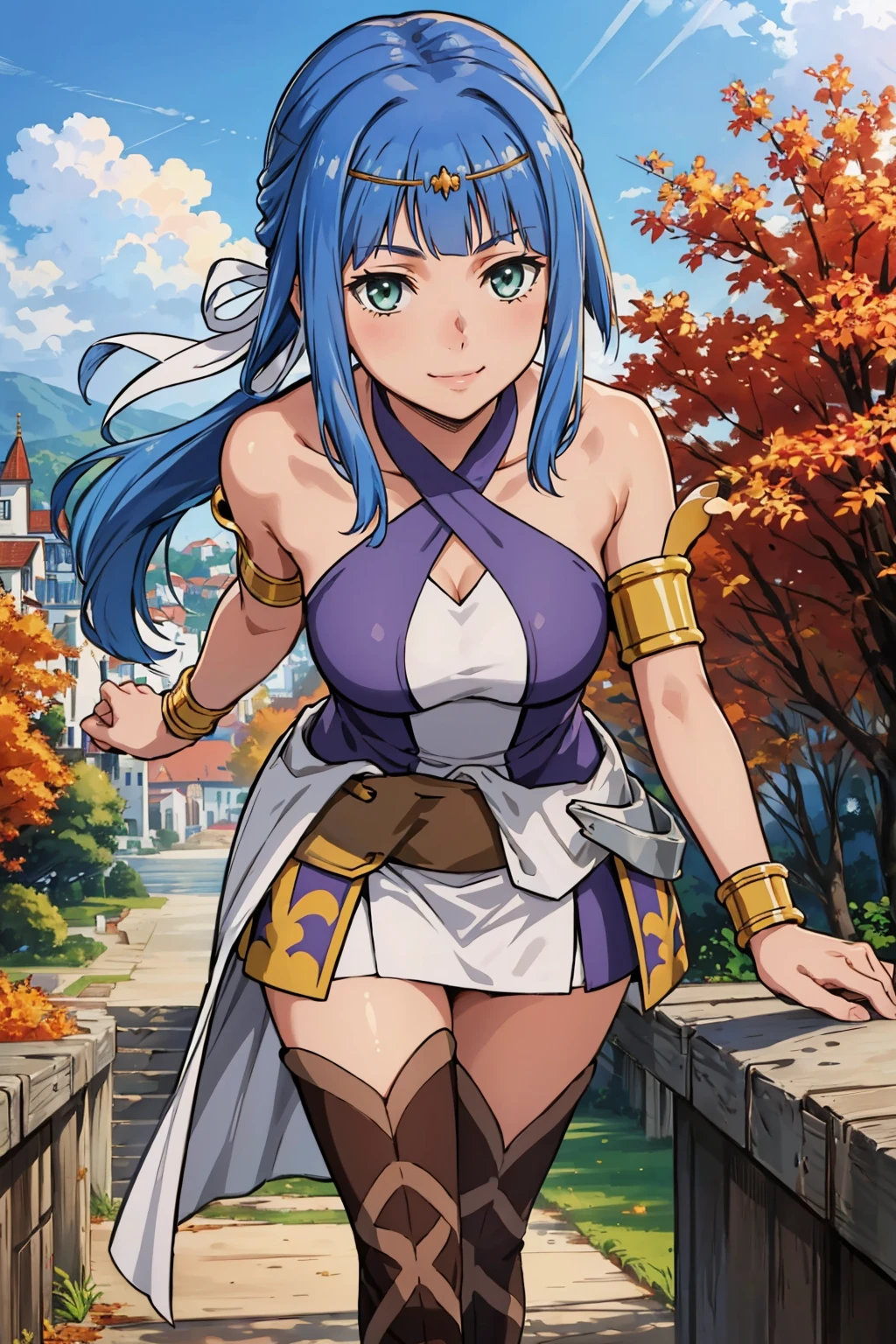 masterpiece, best quality, <lora:danartemis-nvwls-v1-000010:0.9> danArtemis, long hair, low ponytail, hair ribbon, circlet, halterneck, criss-cross halter, white and purple dress, armlet, white skirt, thigh boots, leaning forward, looking at viewer, smile, from above, village, autumn