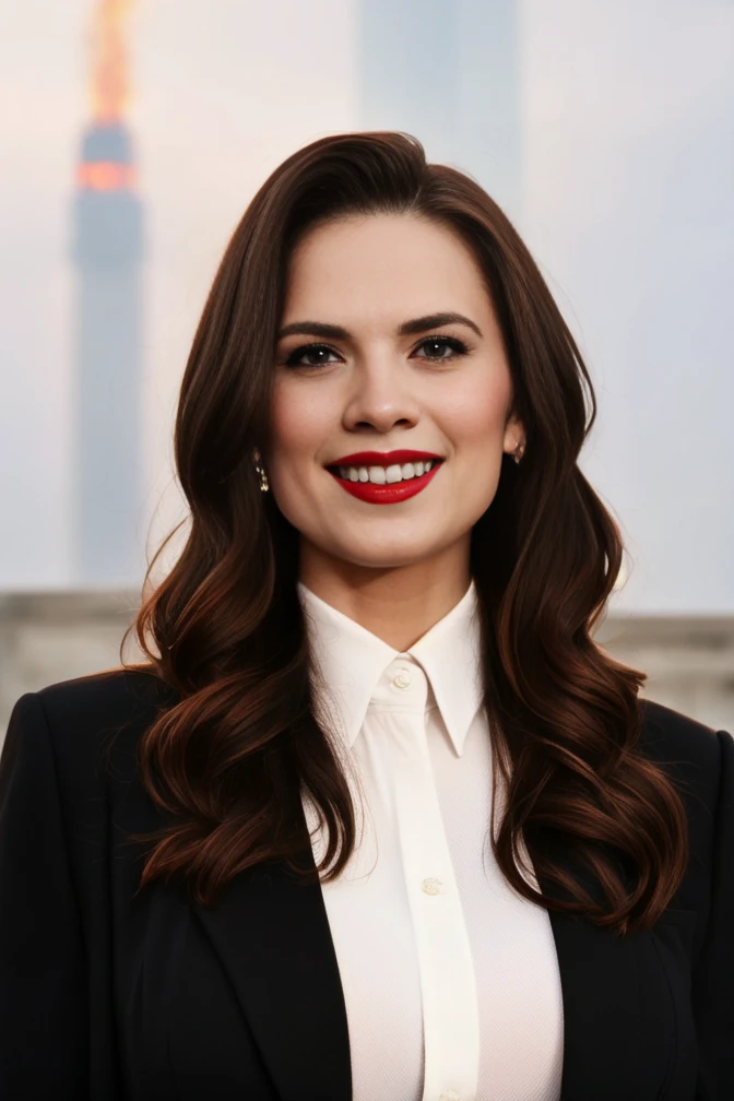 Formal attire, conservatives attire, modest, humble, Hayley_Atwell woman busty brown hair brown eyed model a woman posing for a picture on the epic location, fantasy location, fire smoke and black background and a urban in the background model red lips great hair tall perfect skin great teeth <lora:Hayley_Atwell-000012:0.7>