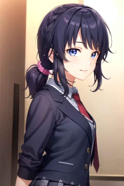 ((masterpiece)),(best quality),official art,extremely detailed CG,unity 8k wallpaper,ultra detailed,beautiful detailed eyes,extremely detailed face,1girl,solo,upper body,(portrait:1.5),looking at viewer,facing viewer,standing,smile,Tsukimizaka Kiriha(skrk),long hair,black hair,shiny hair,braid,side ponytail,hair scrunchie,hair over shoulder,bangs,blue eyes,school uniform,blue jacket,open jacket,wing collar,long sleeves,grey cardigan,red necktie,collared shirt,white shirt,grey skirt,miniskirt,pleated skirt,plaid skirt,zettai ryouiki,black thighhighs,loafers,<lora:Tsukimizaka Kiriha(skrk)>,