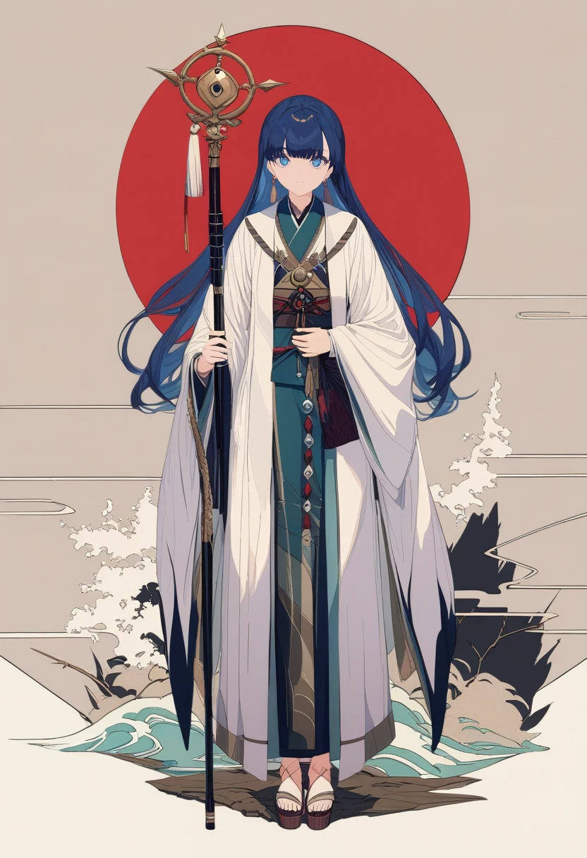 masterpiece, best quality, <lora:BARD713XL_V1:1> 1girl, solo, long hair, blue eyes, staff, blue hair, holding, full body, wide sleeves, holding staff, looking at viewer, standing, earrings, japanese clothes, jewelry, long sleeves, closed mouth, sandals, kimono, bangs