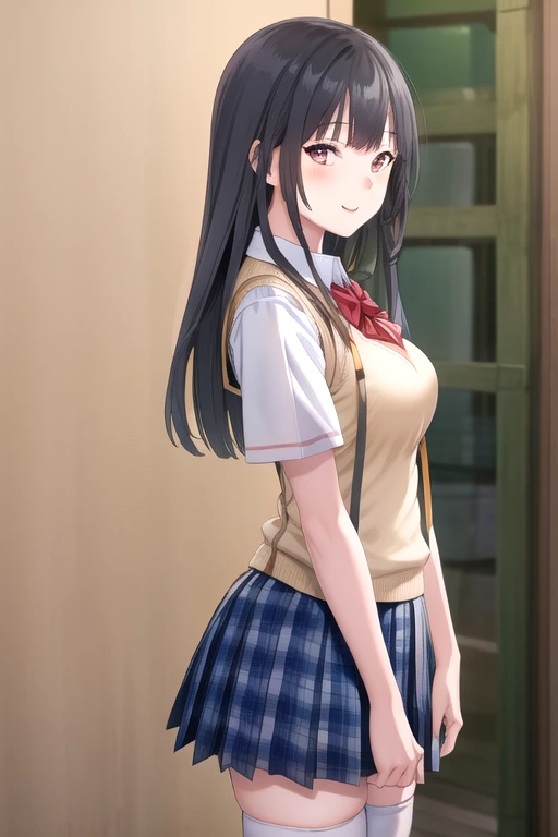 ((masterpiece)),(best quality),official art,extremely detailed CG,unity 8k wallpaper,ultra detailed,beautiful detailed eyes,extremely detailed face,1girl,solo,cowboy shot,looking at viewer,facing viewer,smile,Himemiya Tsubaki(hswk),black hair,long hair,red eyes,sidelocks,bangs,school uniform,sweater vest,yellow vest,red bowtie,collared shirt,white shirt,short sleeves,large breasts,blue skirt,plaid skirt,pleated skirt,zettai ryouiki,white thighhighs,loafers,<lora:Himemiya Tsubaki(hswk)>,
