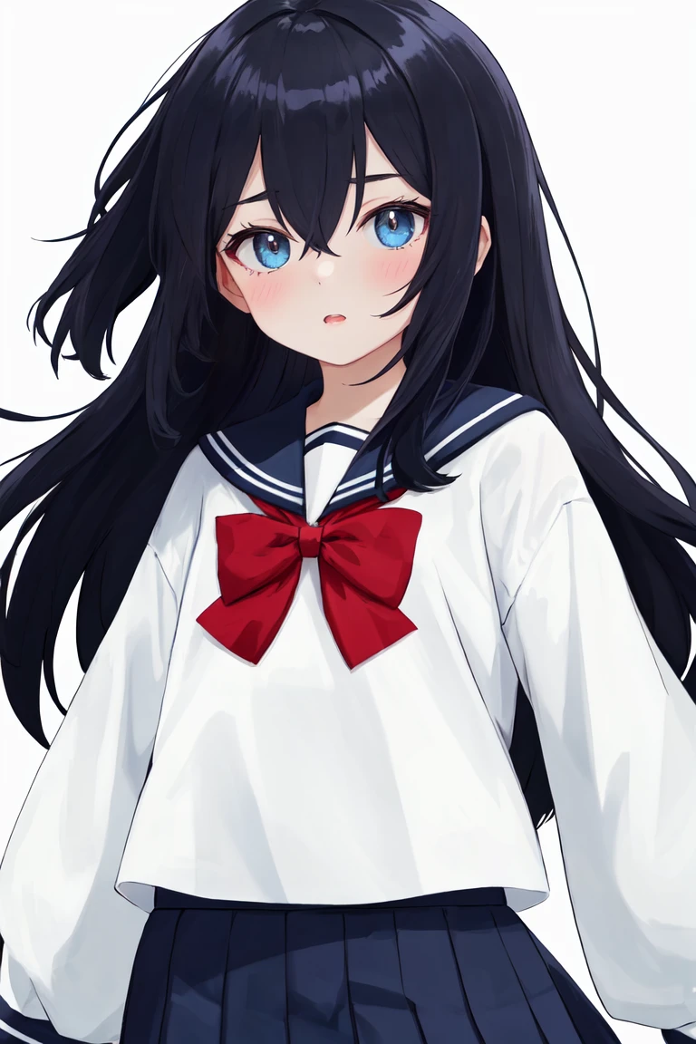 1girl, solo, black hair, long hair, bangs, hair between eyes, eyebrows visible through hair, looking at viewer, white shirt, serafuku, red bow, red bowtie, blue sailor collar, sailor collar, bowtie, long sleeves, blue skirt, pleated skirt, simple backgroundbest quality, amazing quality, very aesthetic, absurdres