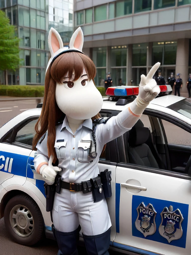 Moomins, mumintrollen, snorkmaiden, 3D, ground vehicle, police, animal ears, motor vehicle, uniform, police uniform, long hair, brown hair, gloves, solo, car, speech bubble, policewoman, weapon, pointing, white gloves, walkie-talkie, gun, cosplay, vehicle focus<lora:Moomin-0000091 (2):1>