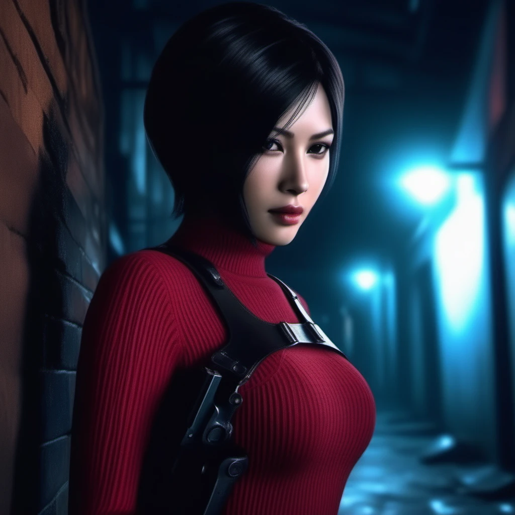 Ultra-realistic extremely detailed real life 8k masterpiece of a gorgeous asian woman re ada wong <lora:re ada wong:0.7> wearing black pantyhose re4 style dress in a dark alley at night, ada holding gun in hand, extremely detailed facial features, dark scary epic lighting, horror composition