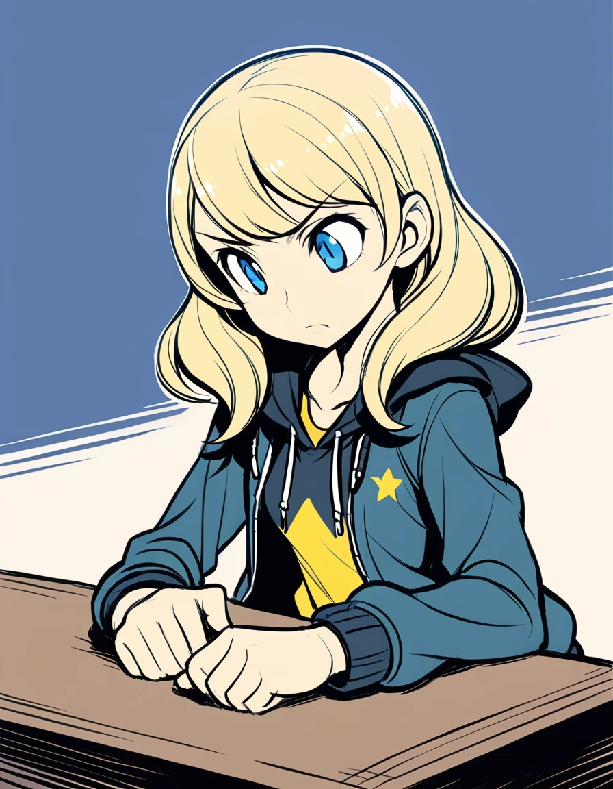masterpiece,best quality,((mid)),1girl,samn, <lora:SamnXL:0.7>,blonde hair,blue eyes,jacket,hoodie,sitting at table,by masamune shirow,retro style,upper body,front shot,tired