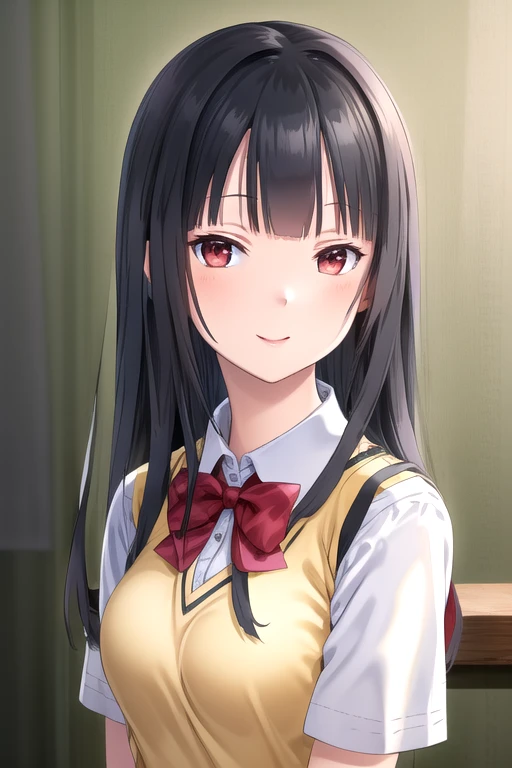 ((masterpiece)),(best quality),official art,extremely detailed CG,unity 8k wallpaper,ultra detailed,beautiful detailed eyes,extremely detailed face,1girl,solo,upper body,(portrait:1.5),looking at viewer,facing viewer,smile,Himemiya Tsubaki(hswk),black hair,long hair,red eyes,sidelocks,bangs,school uniform,sweater vest,yellow vest,red bowtie,collared shirt,white shirt,short sleeves,large breasts,blue skirt,plaid skirt,pleated skirt,zettai ryouiki,white thighhighs,loafers,<lora:Himemiya Tsubaki(hswk)>,