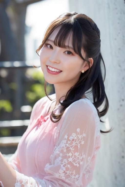 Medium view, medium shot, written boundary depth, bust, Upper body, cinematic angle, masterpiece, highest quality, Super detailed, cg, 8k wallpaper, beautiful face, delicate eyes, maiden, alone, smile, bangs, skirt lift,lace panties、 shirt, have, Crimson dress, bow, petal, bouquet