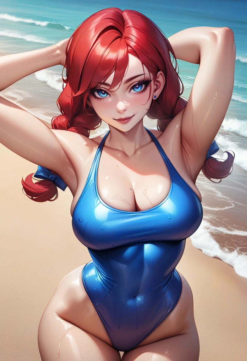 (art by neoartcore:0.6), solo, 1girl, ffwendys, wet, shiny skin, smile, looking at viewer, arms behind head, twin braids, blue one-piece swimsuit, beach, masterpiece, best quality, newest <lora:fastfood_wendys_xl-000004:1>
