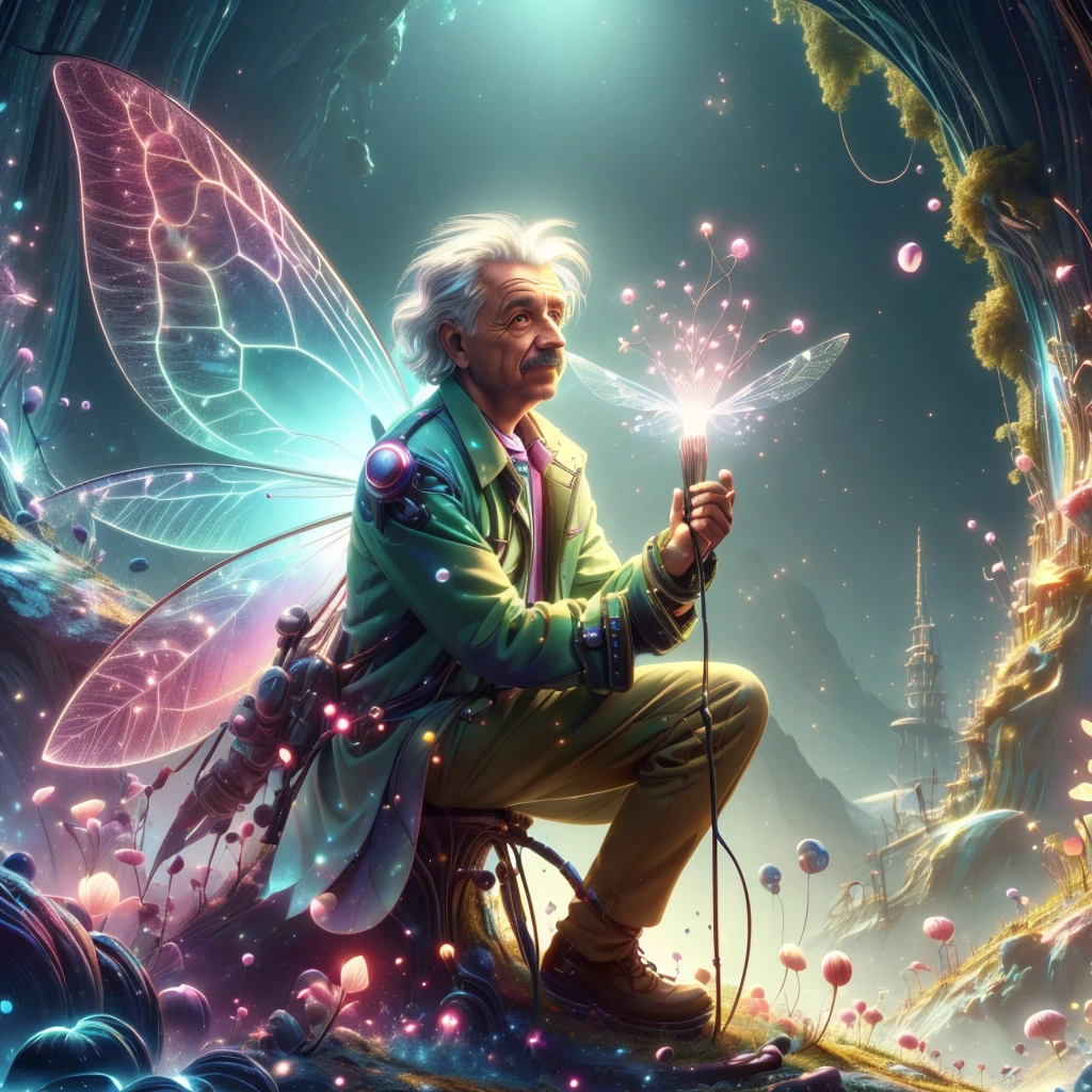 <lora:FaeTech-30:0.8>, faetech ,scifi, pixie dust, iridescent,
man , Albert Einstein, <lora:Albert Einstein:0.8> , scientist coat, global illumination ,