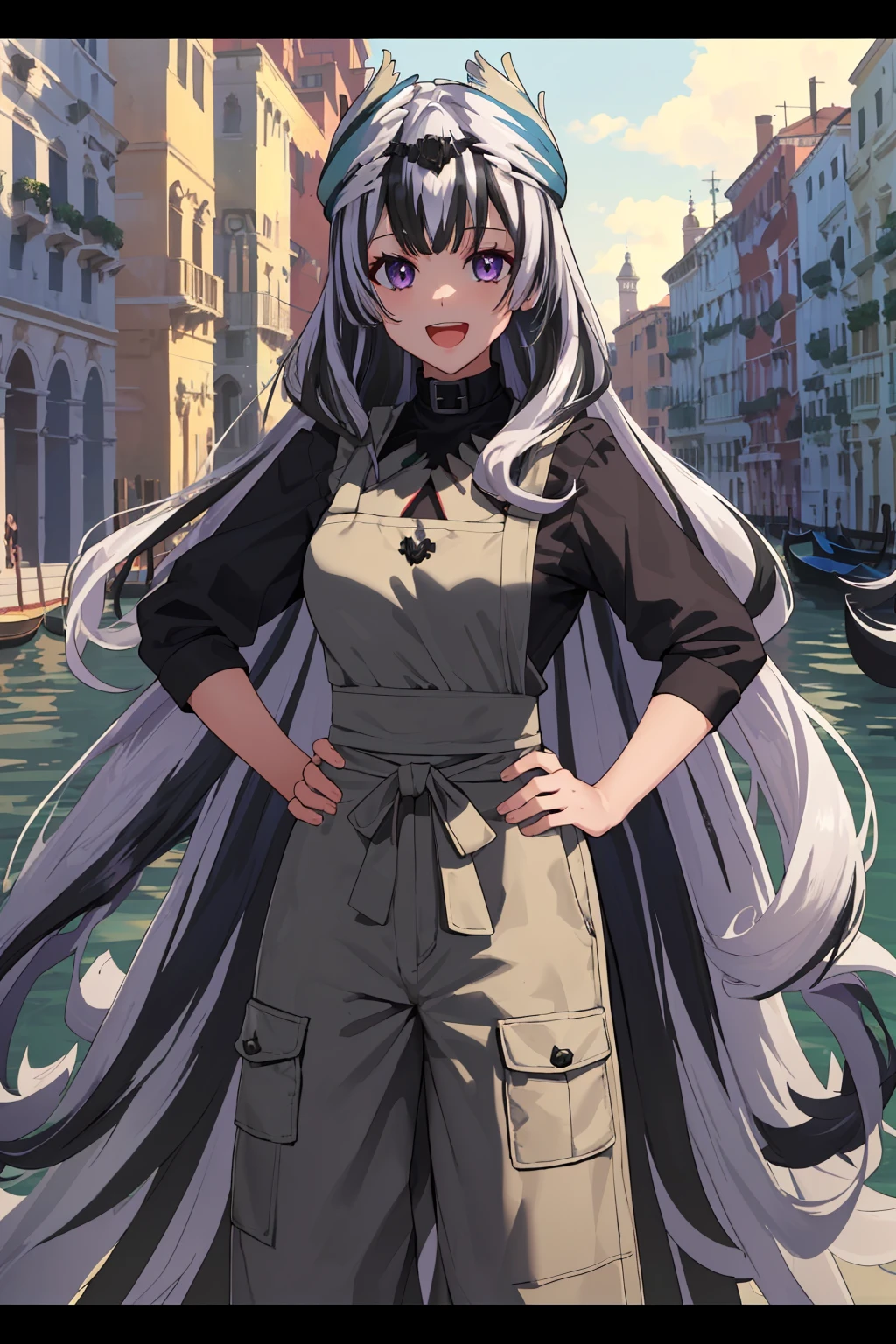masterpiece, best quality, 1girl, solo, standing, facing viewer,<lora:EPfeVeyle-06:1>, EPfeVeyle, 1girl, long hair, multicolored hair, white hair, black hair, letterboxed, venice, gondola ride, evening, pray hand on hip, apron, pants, girdle, amulet, :D