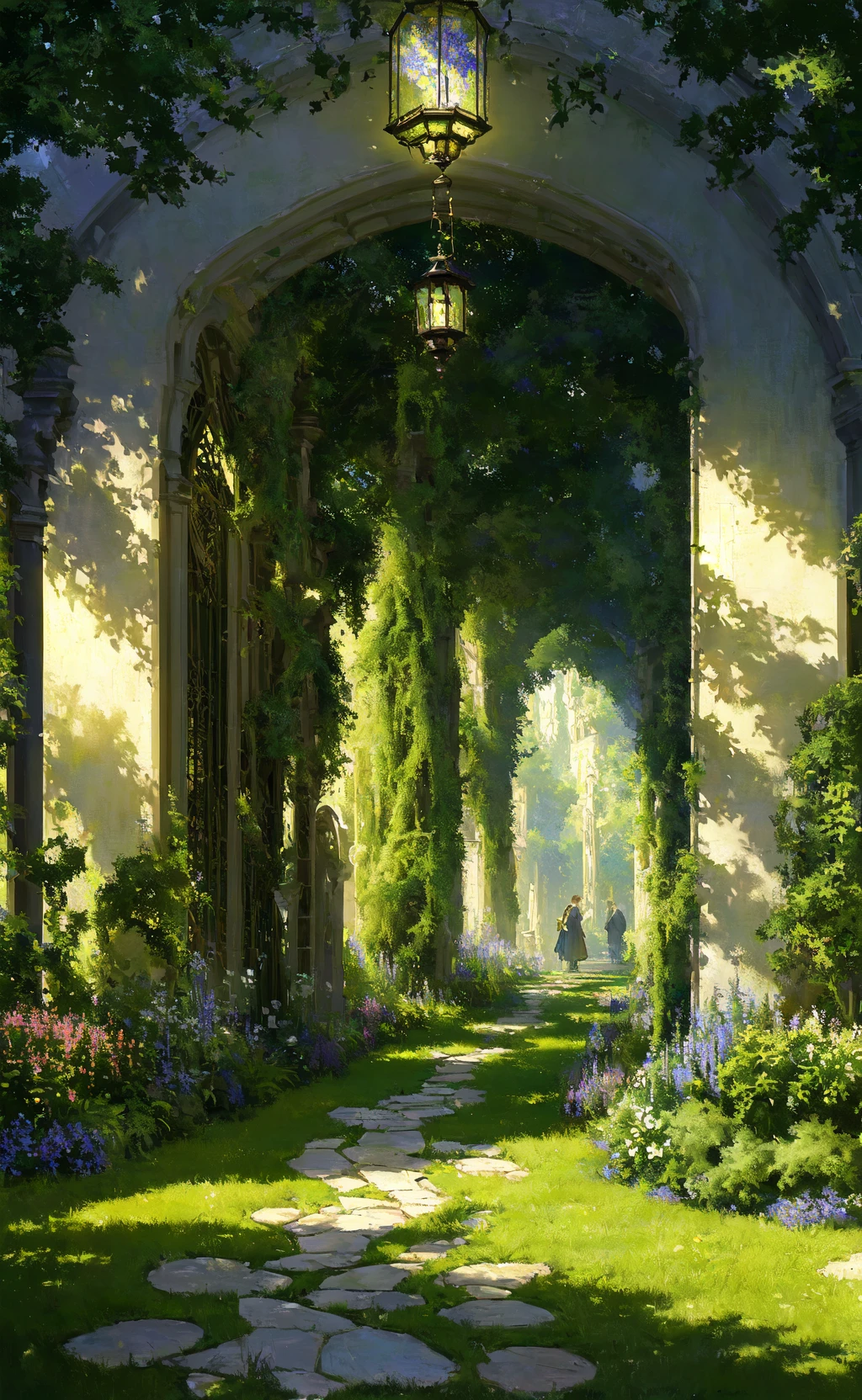 (masterpiece, best quality, highly detailed, intricate), a walkway in a garden with lots of green plants and trees on either side of it and a lantern hanging from the ceiling, Florence Engelbach, tone mapping, a flemish Baroque, german romanticism, cinematic composition, beautiful lighting
