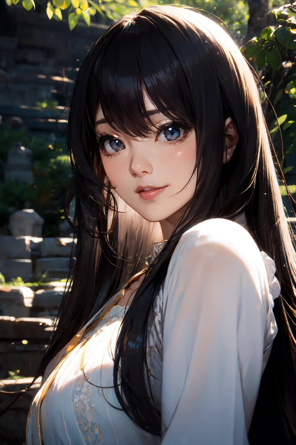 detailed face, perfect face, portrait, light smile, backlighting, outdoors, long hair, bangs, black eyes, <lora:PulenKompot-Hitomi-T-v2-urpmv1.3:1> hitomi-t