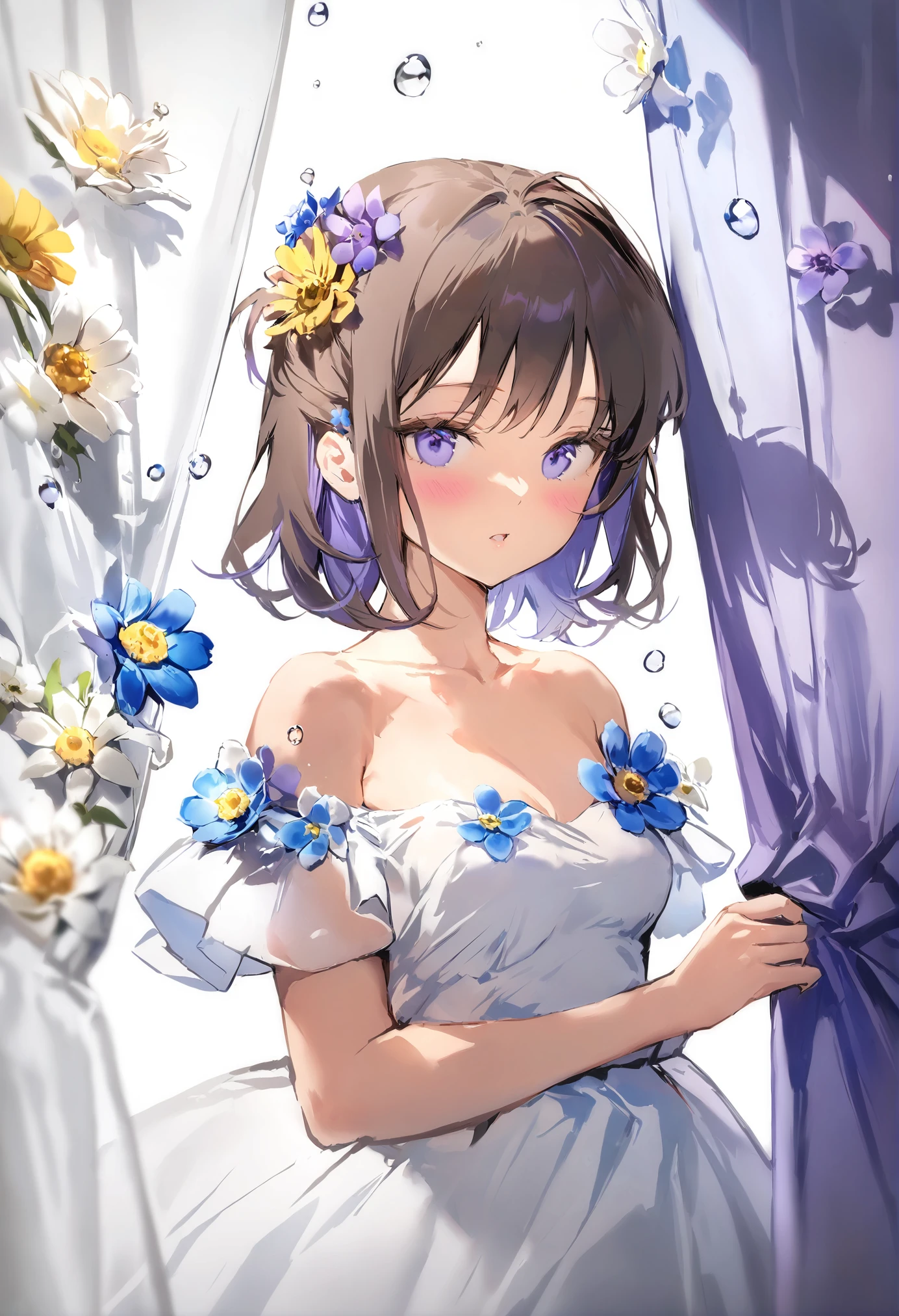 masterpiece, best quality, <lora:anmiXL_V1:1.0>1girl, solo, flower, hair ornament, looking at viewer, hair flower, dress, white dress, blush, collarbone, parted lips, curtain grab, bare shoulders, bangs, purple flower, brown hair, upper body, one side up, curtains, purple eyes, shadow, blue flower, yellow flower, holding, breasts, small breasts, blue eyes, water drop, off shoulder, blurry, medium hair, off-shoulder dress, white flower, transparent, short hair